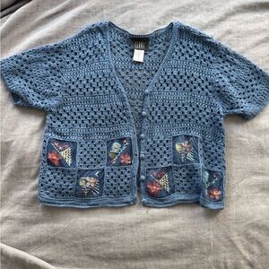 Vintage Blue Crochet Cardigan with Floral Pockets